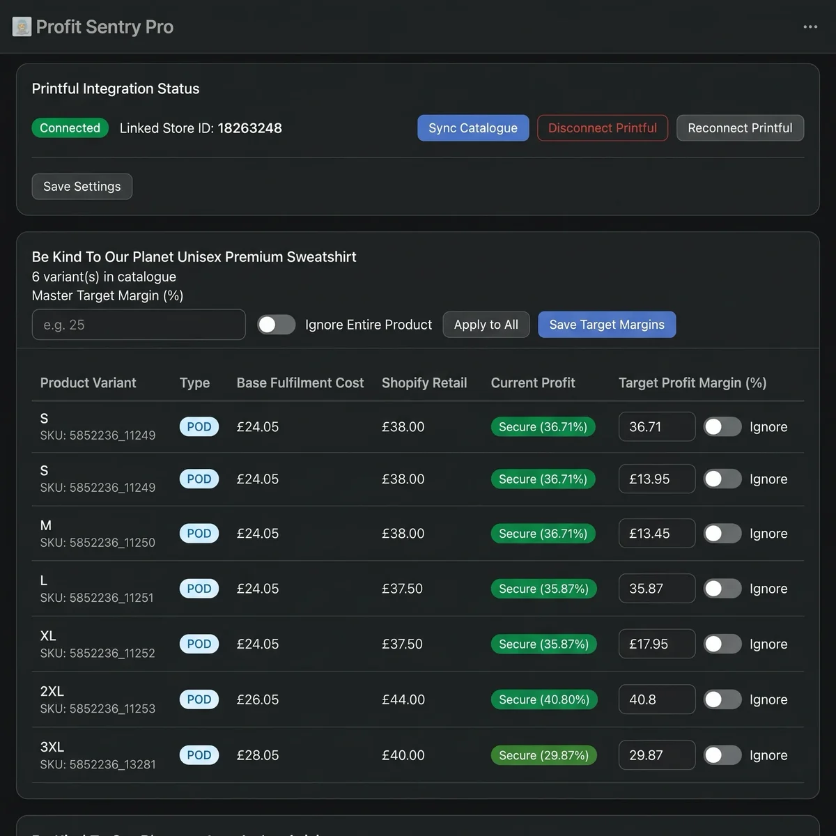 Profit Sentry dashboard — per-variant margin data for every Printful product