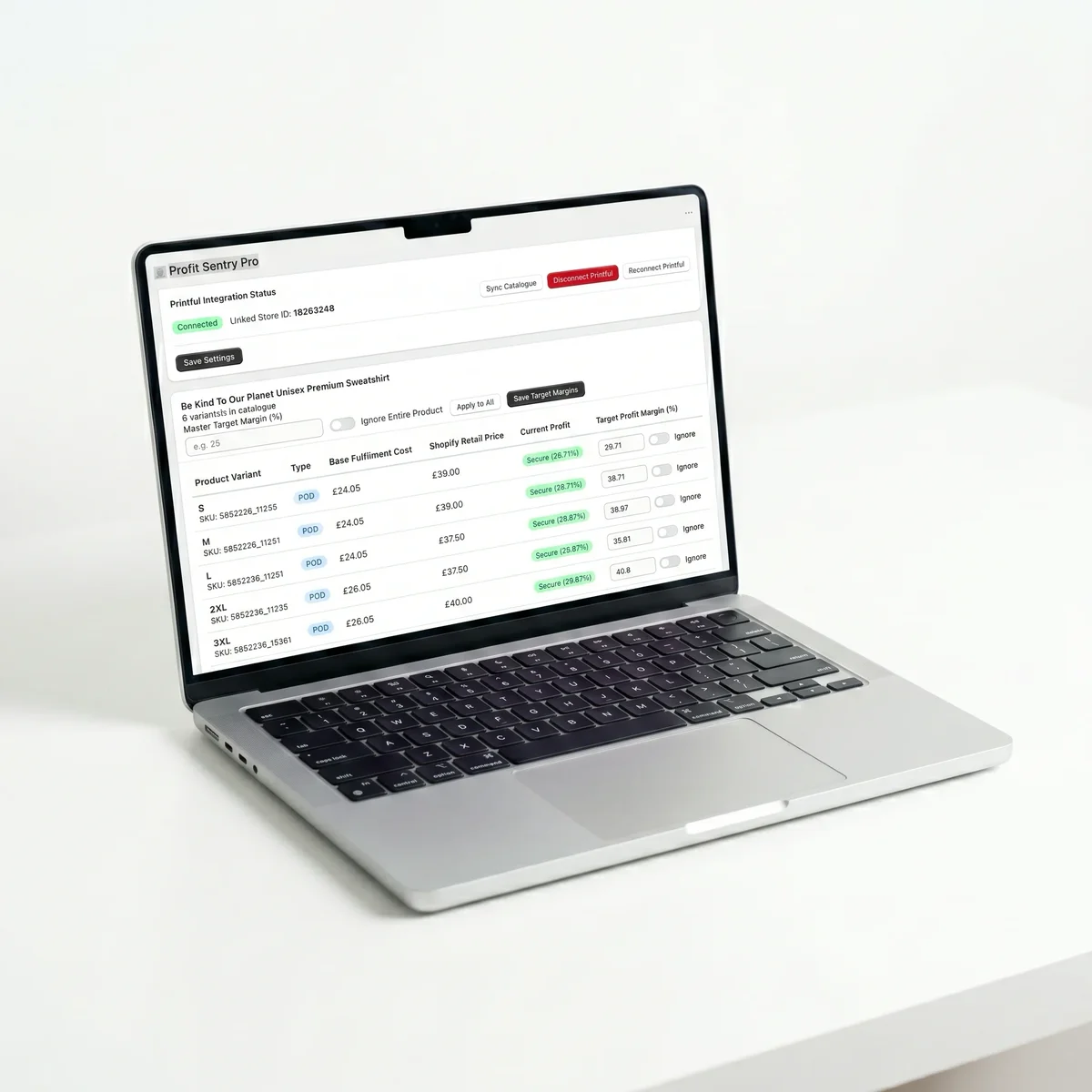 Profit Sentry dashboard showing real-time margin tracking per Printful variant